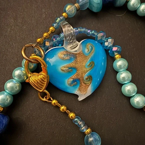Blue Glass Beads Stones Heart Pendant Necklace - Picture 3 of 7